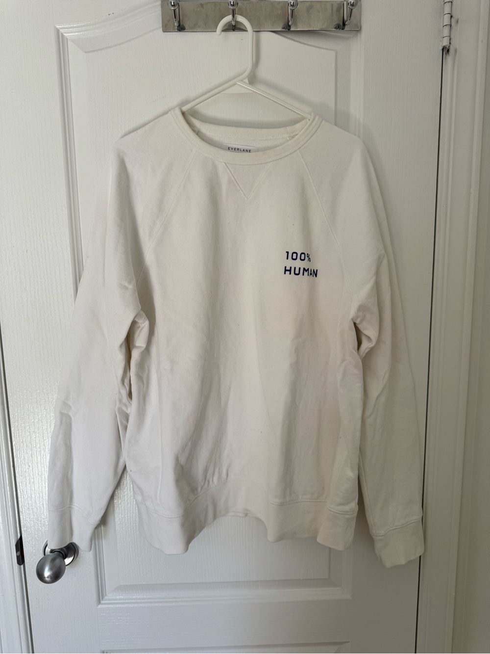 Everlane Men's Crewneck Sweatshirt in White with Navy '100% HUMAN' Print